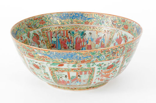 Rose medallion Chinese export punch bowl, 19th century, 6 1/2 inches high x 16 inches diameter, $2,916. Image courtesy of Pook & Pook Inc